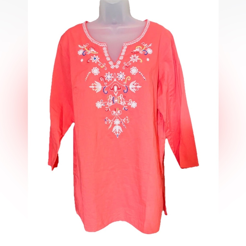 Sweet Magnolia Women's L Embroidered Beaded Boho Tunic Coral Cotton 3/4 Sleeve
